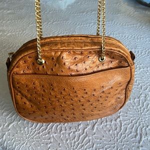 Vintage Guido Borelli ostrich Purse Handbag. Camel color. Gold chain.